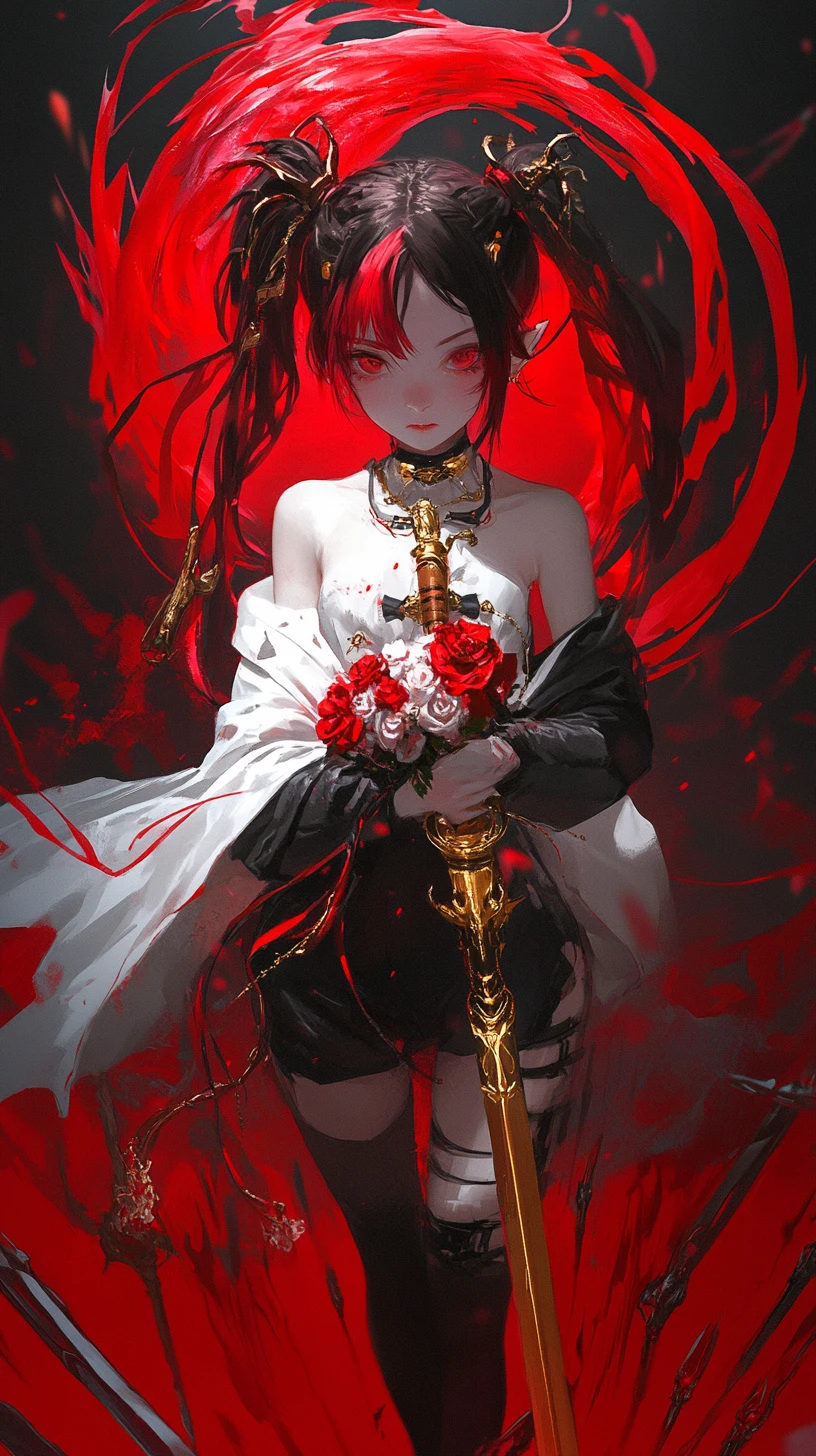 Anime girl with ornate outfit holding a golden halberd