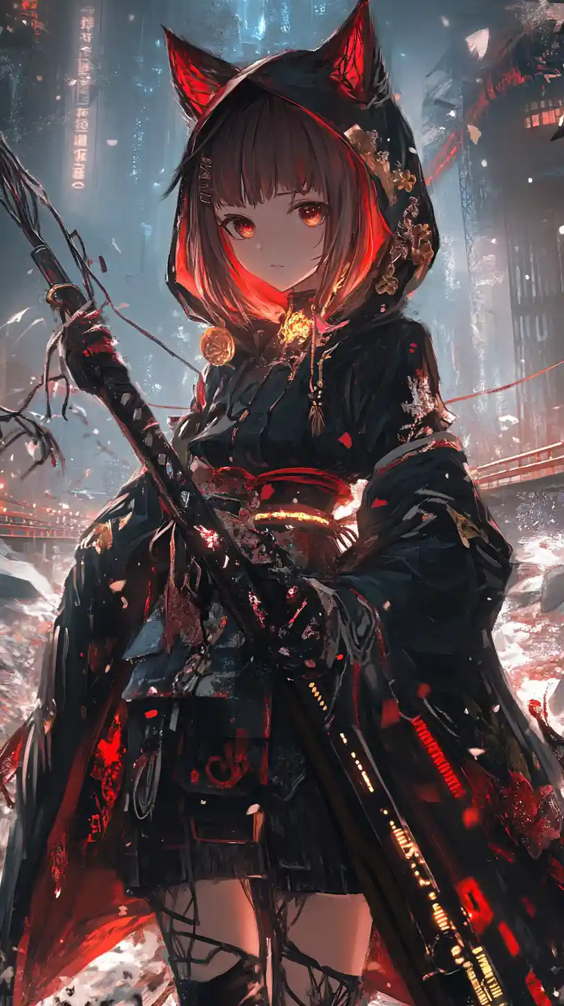 Anime girl in ornate outfit holding a glowing katana