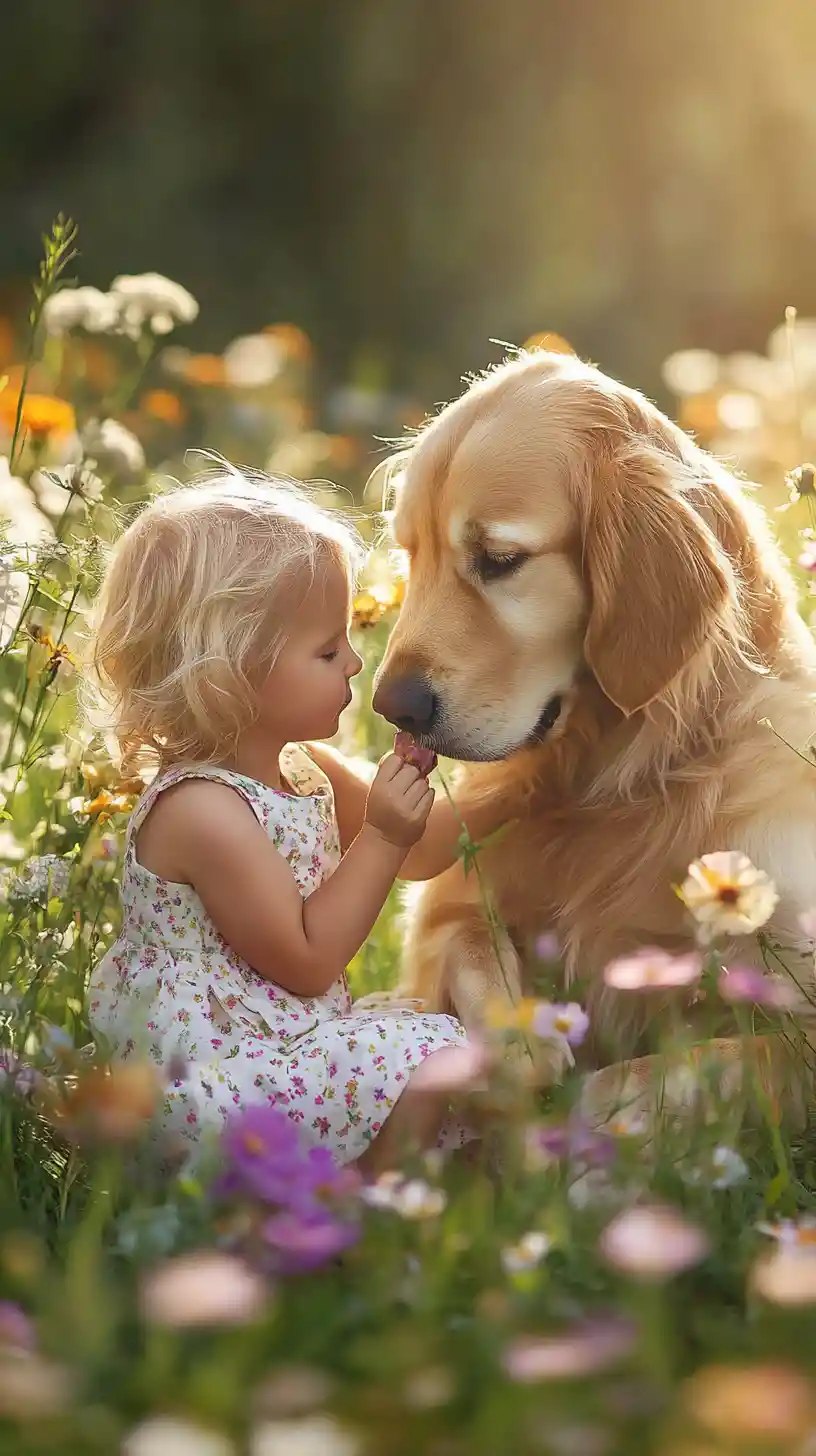 Niño Pequeño con Golden Retriever en Campo de Flores Soleado