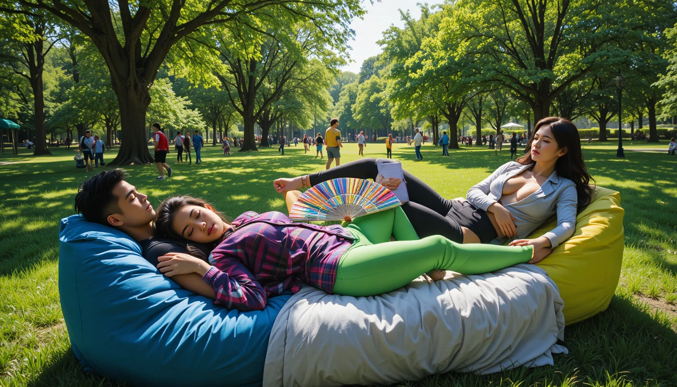 Amigos relajándose en pufs de colores en un parque soleado