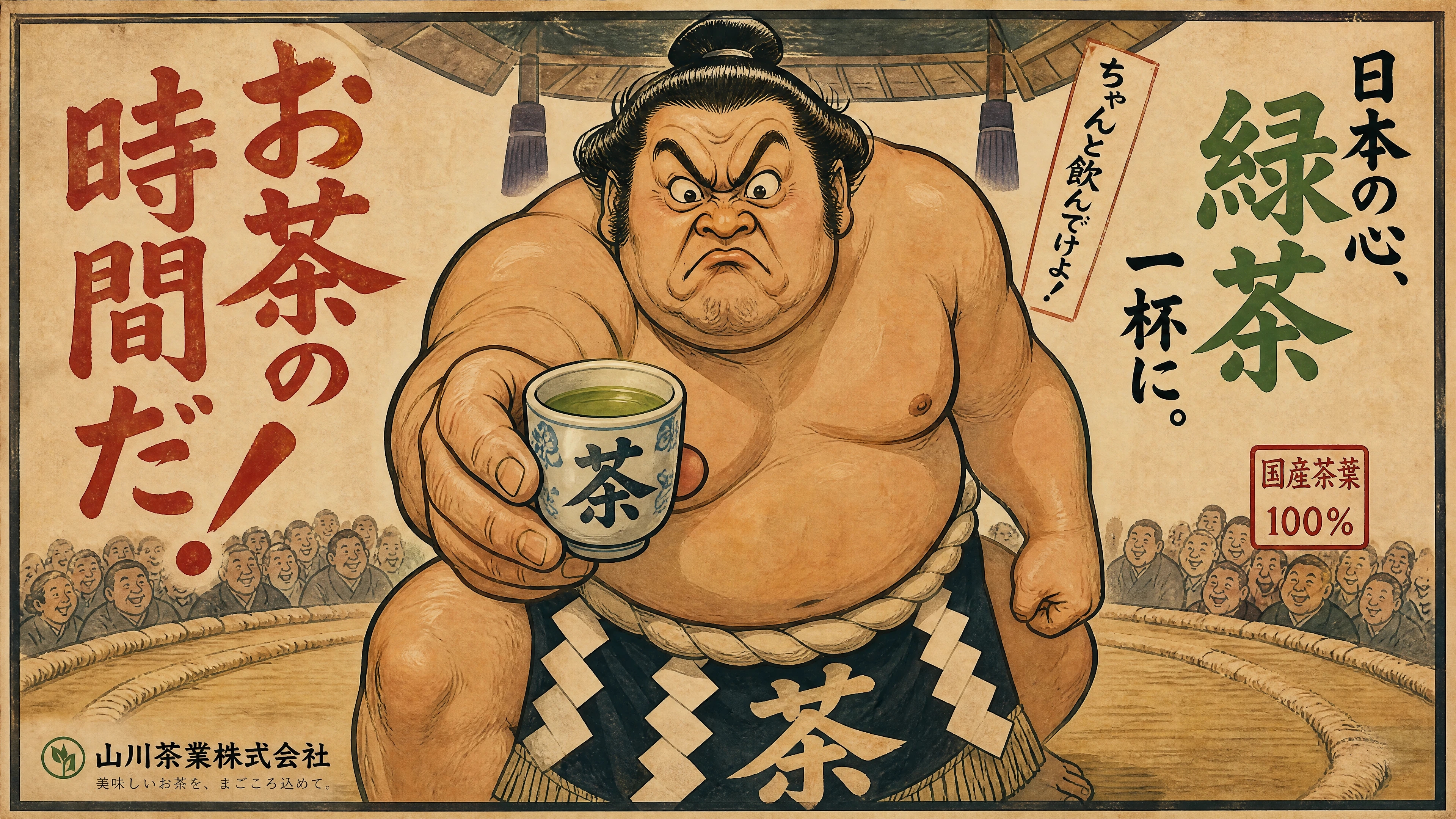 ヴィンテージポスターの巨大神相撲力士が小さな緑茶を差し出す