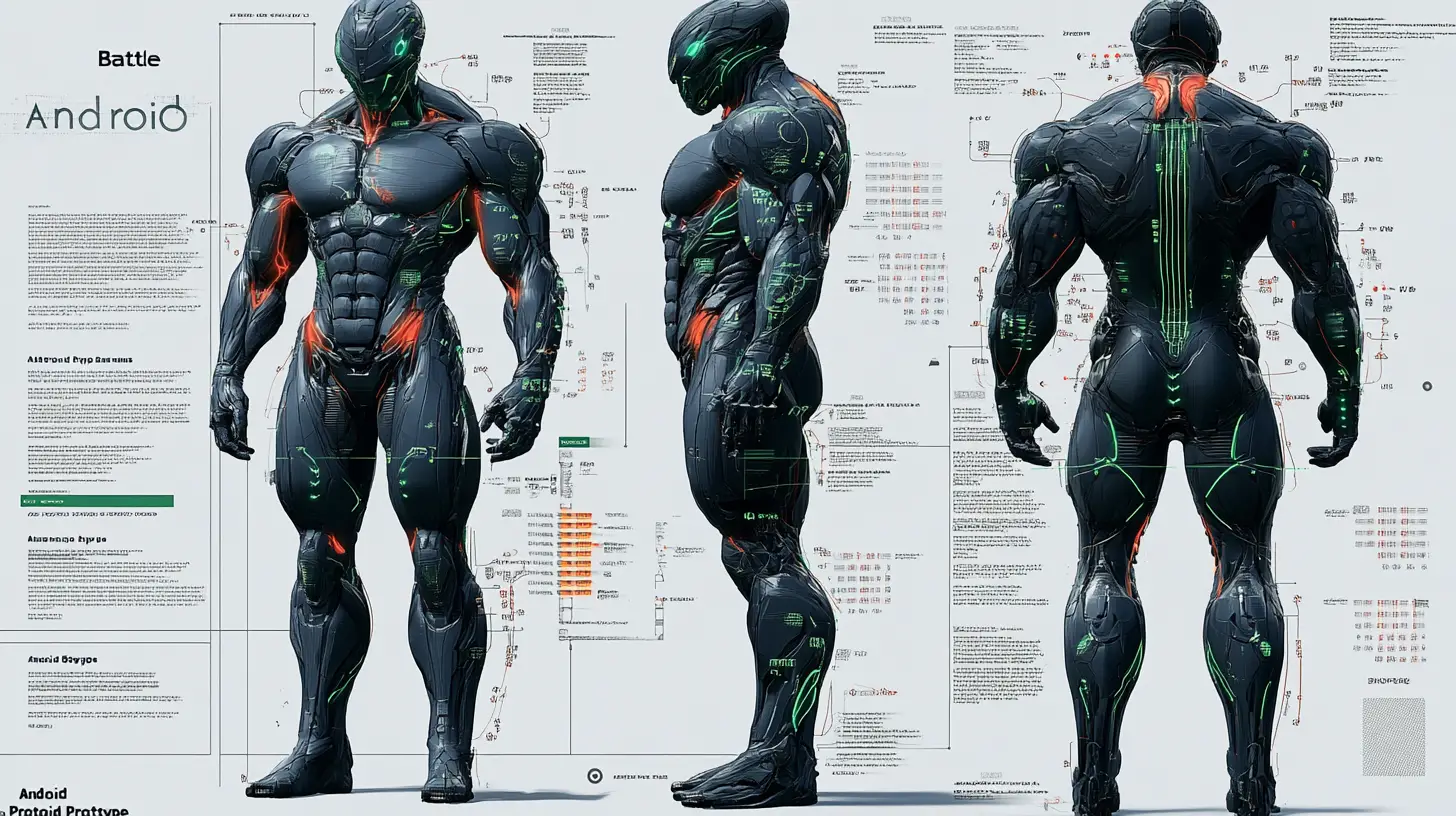 Diagramma di ingegneria 3D di un prototipo di cyborg da battaglia massiccio