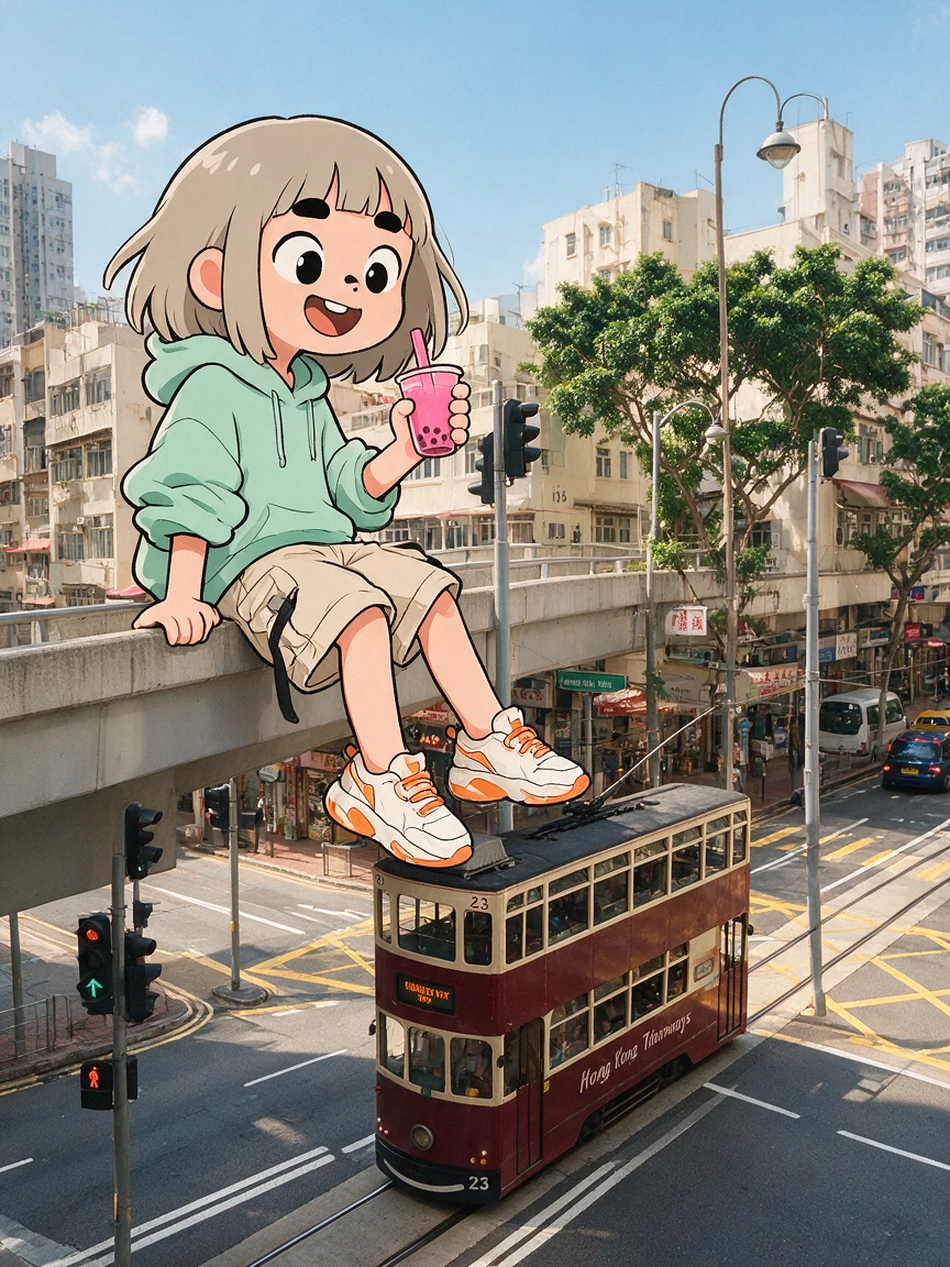 Chica de anime en pasarela sobre cruce de tranvías en Hong Kong