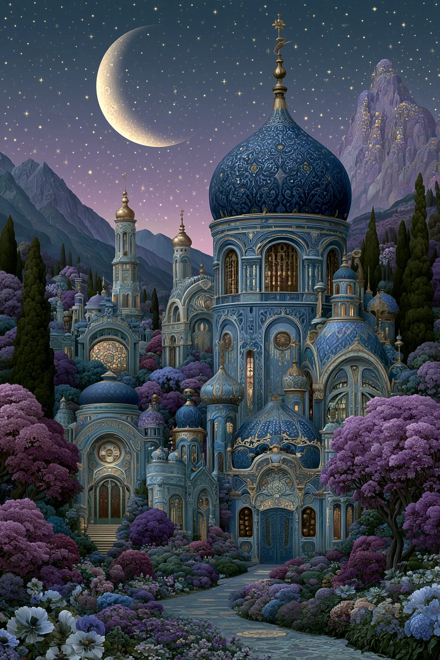 Paisaje fantástico ornamental con arquitectura orgánica fluida
