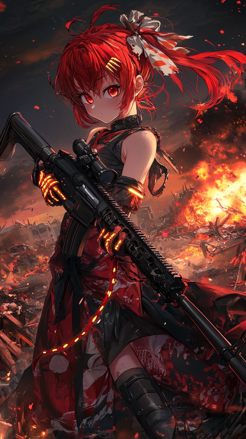 Anime girl with rifle in a ruined war zone