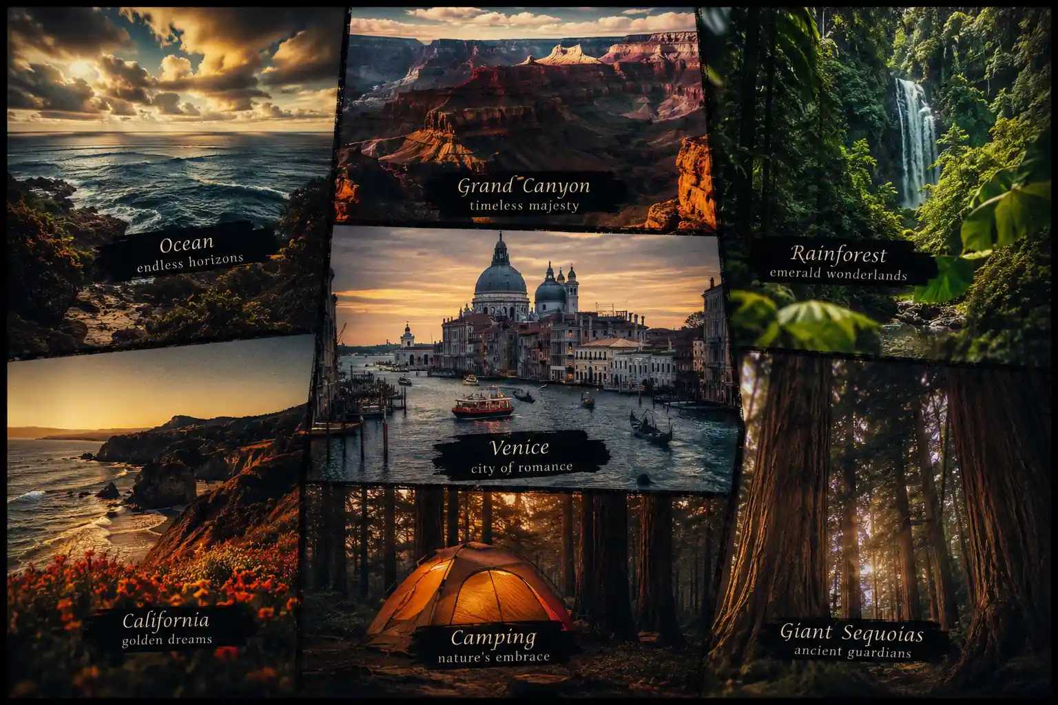 Vibrante collage fotográfico de serenos paisajes naturales