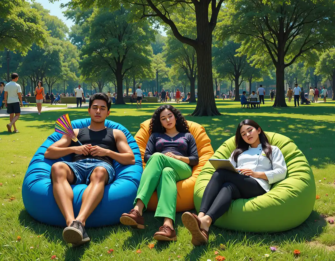 Young adults resting on beanbags in a sunny park