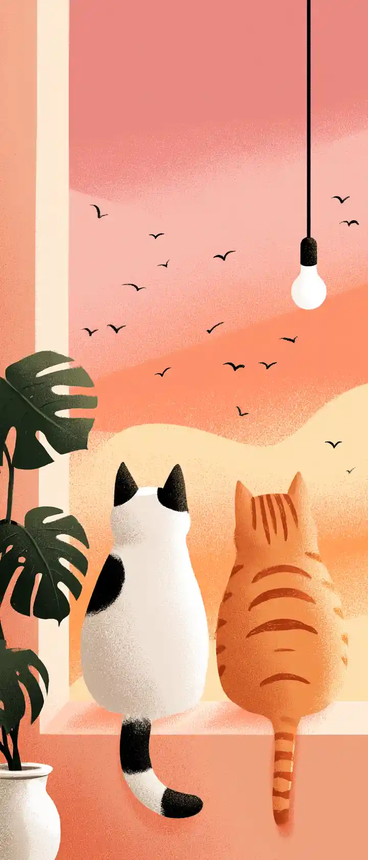 Dos gatos mirando un atardecer color durazno a través de una ventana