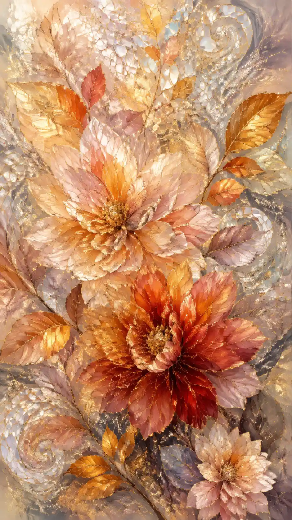 Flores de otoño con brillantes acentos de mosaico dorado luminiscente