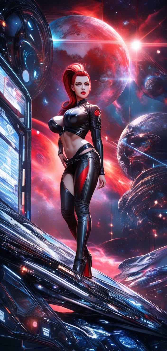 Red haired sci fi dancer in a luminous space station