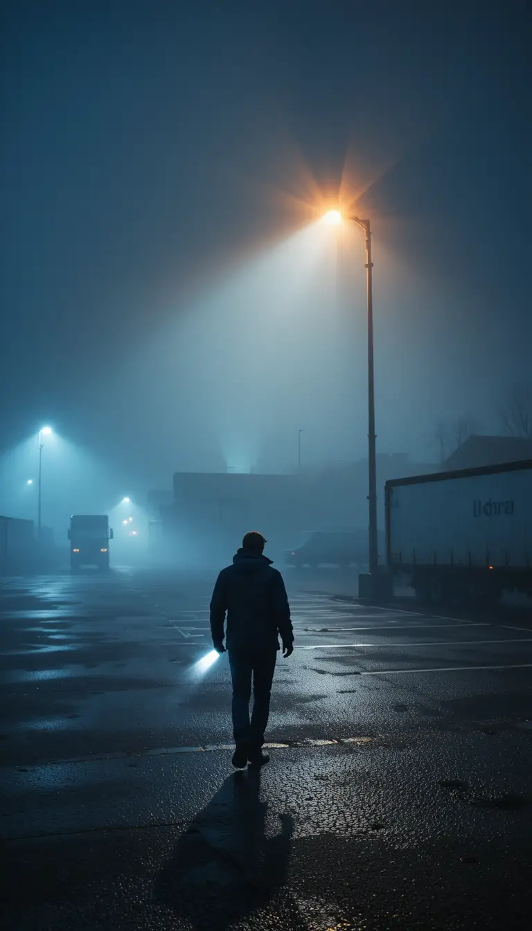 Foggy motorway truck park with lone worker at night