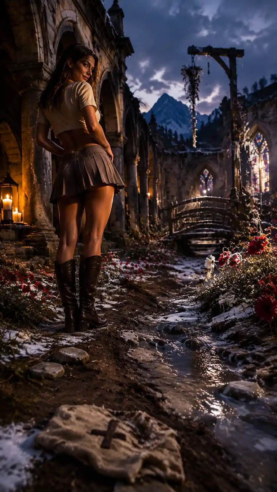 Young woman in mini skirt at twilight monastery courtyard