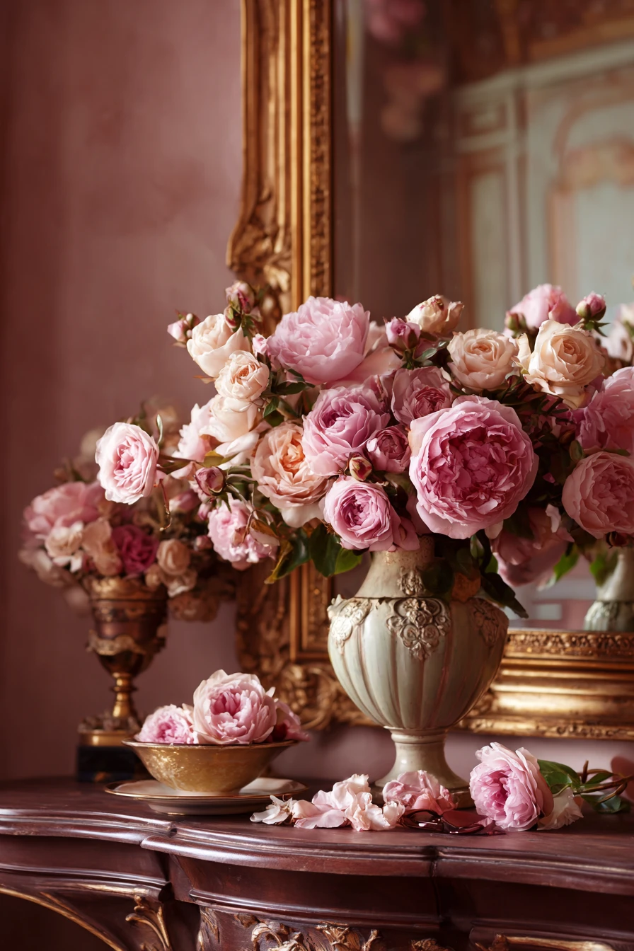 Lámina de pared con ilustración de moda floral rosa inspirada en el rococó