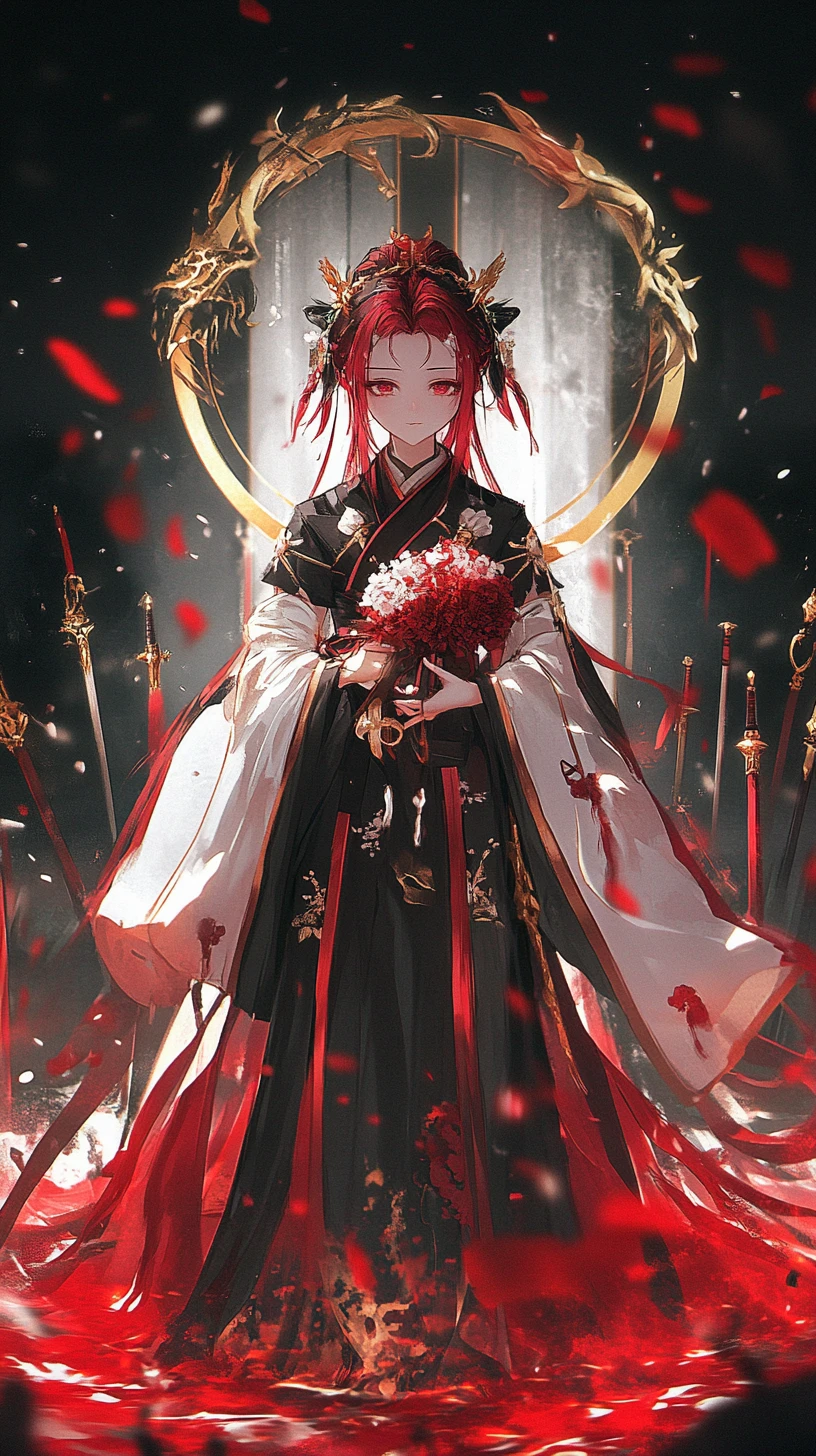 Chica de anime con atuendo ornamentado sosteniendo una alabarda dorada