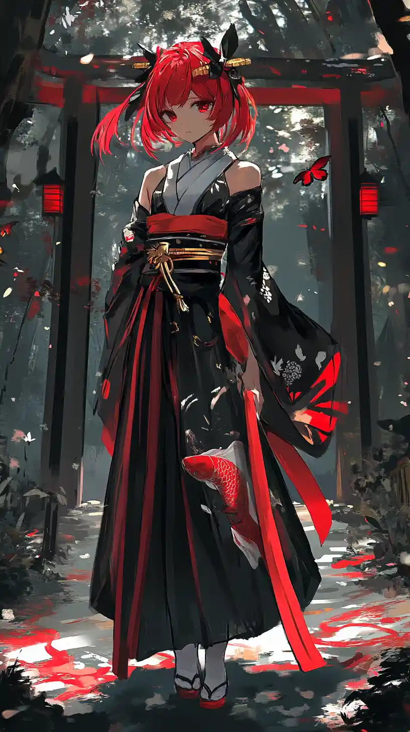 Anime girl in koi print outfit at night temple