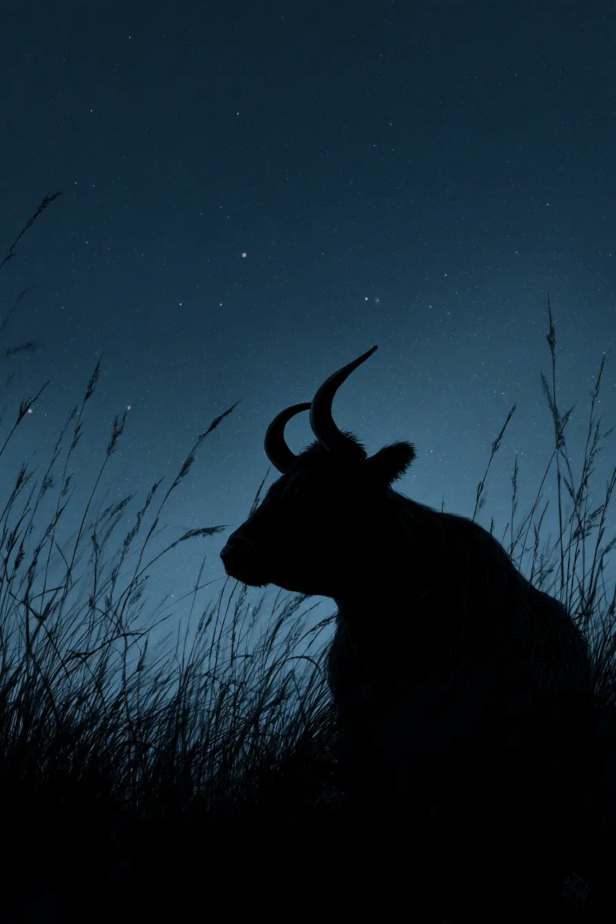 Young cow silhouette under a quiet starlit night sky