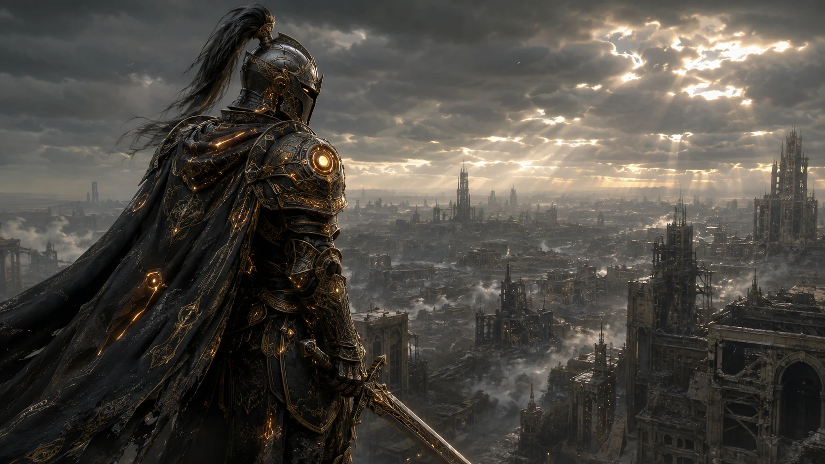 Lone cybernetic knight in a ruined futuristic city