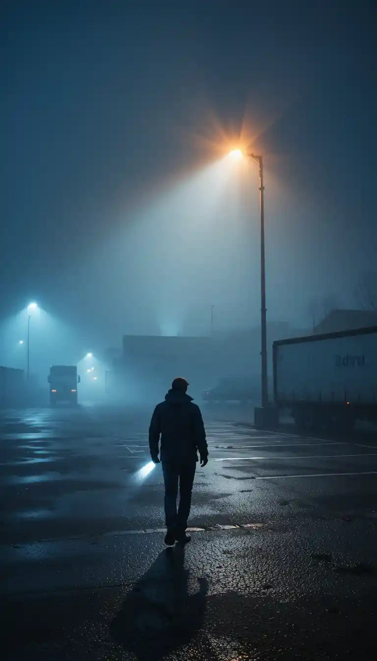 Parcheggio per camion in autostrada avvolto nella nebbia con lavoratore solitario di notte