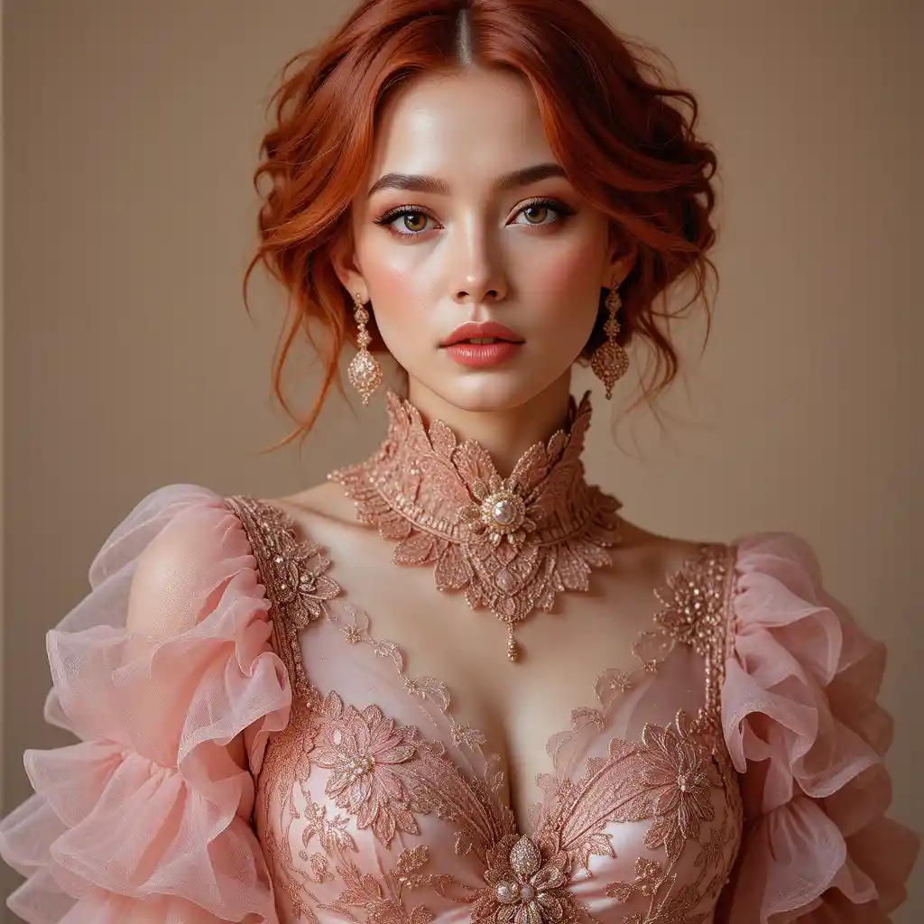 Elegante mujer pelirroja con vestido de volantes rosa de alta costura