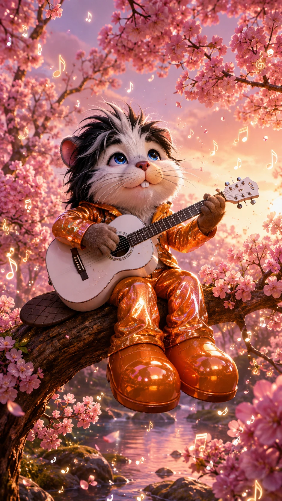 Fantasy creature playing guitar in pink blossom tree