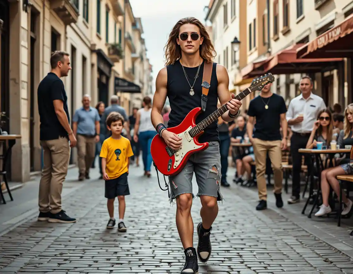 Joven músico callejero tocando una guitarra eléctrica roja al aire libre