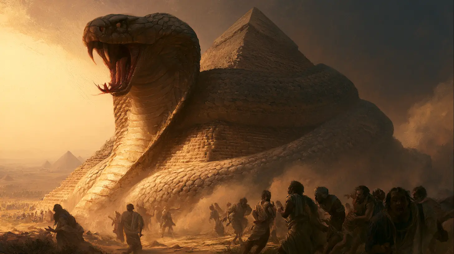 Colossal cobra towering over the Great Pyramid of Giza