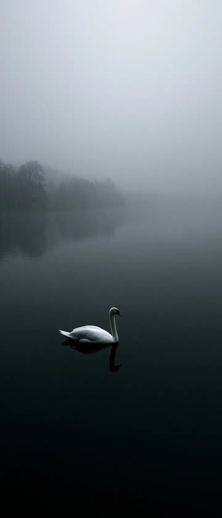 Weißer Schwan gleitet über einen dunklen nebligen Spiegelsee