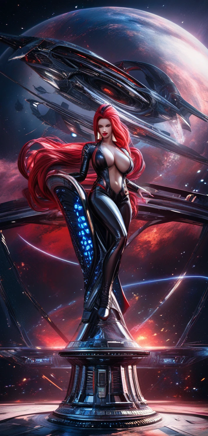 Curvy sci fi dancer in high tech outfit on space station
