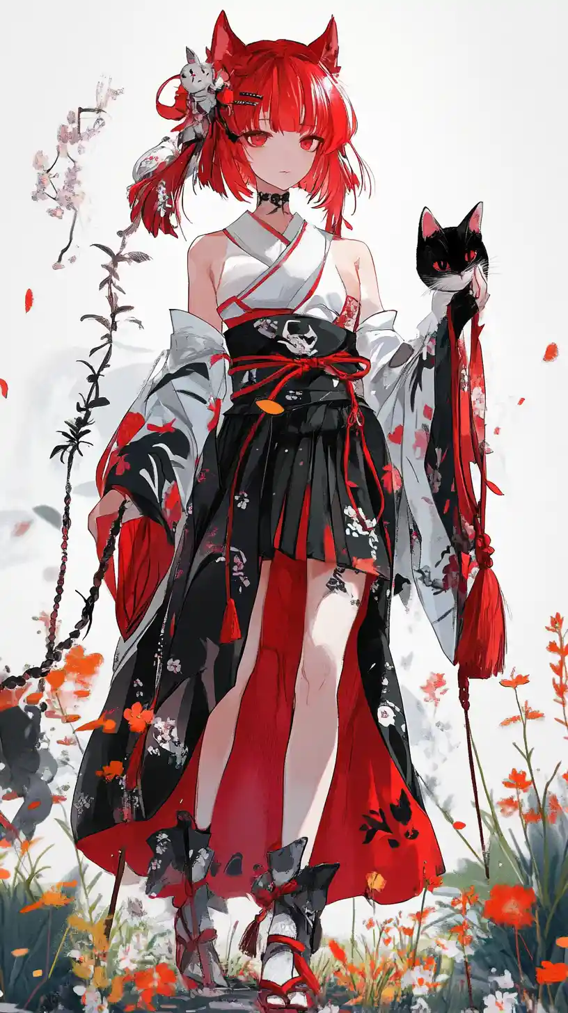 Anime girl in koi print outfit walking through a flower meadow