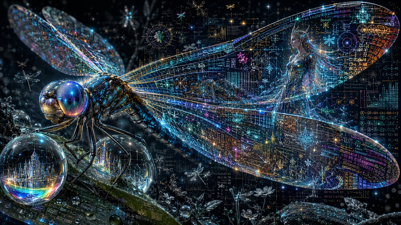 Extreme close up of data filled dragonfly fantasy wings