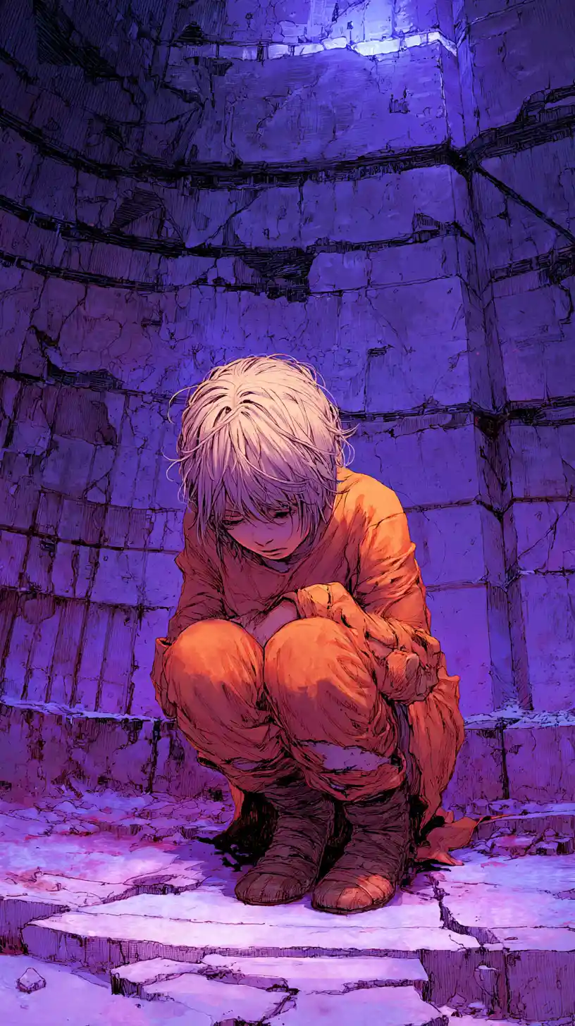 Jeune prisonnière anime désespérée dans une cellule en ruine éclairée de violet