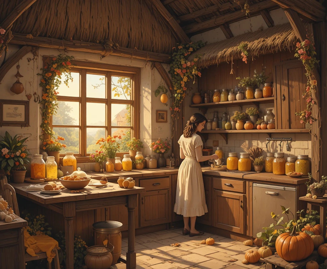 Acogedora cocina de cabaña con mujer envasando junto a la ventana