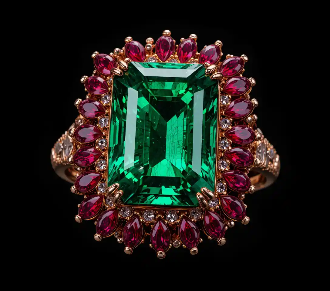 Primo piano di anello con smeraldo e rubino in oro rosa