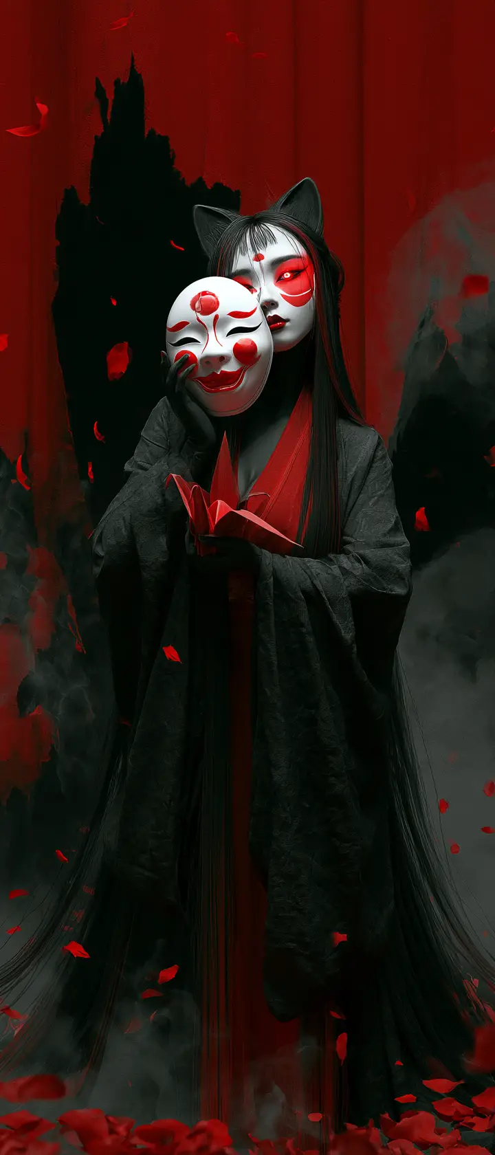Chinesische Fuchsdämonin mit Maske auf mondbeschienener Bühne