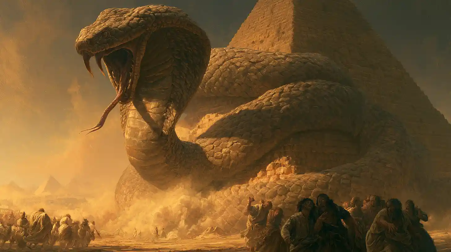 Giant Cobra Coiled Around The Great Pyramid At Sunset