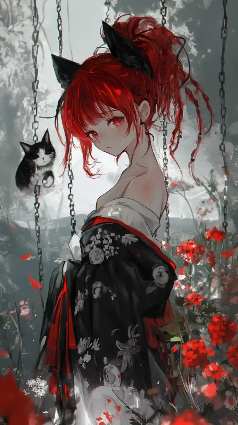 Anime girl in koi print outfit walking through a meadow