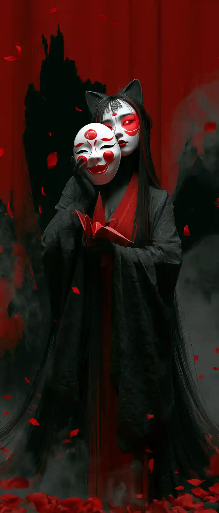 Chinese fox demon woman with mask on moonlit stage