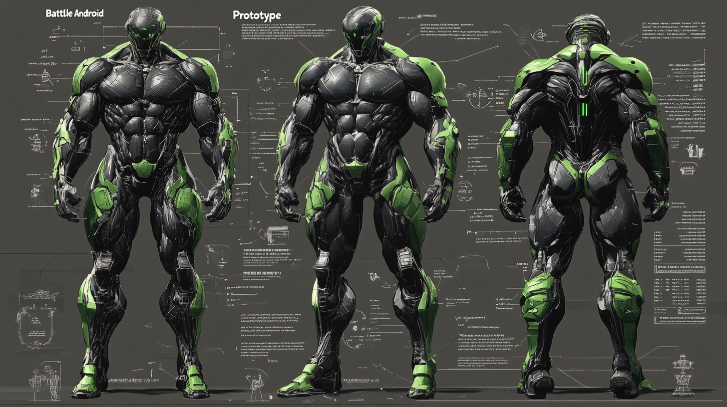 Technical 3D diagram of a muscular battle cyborg prototype