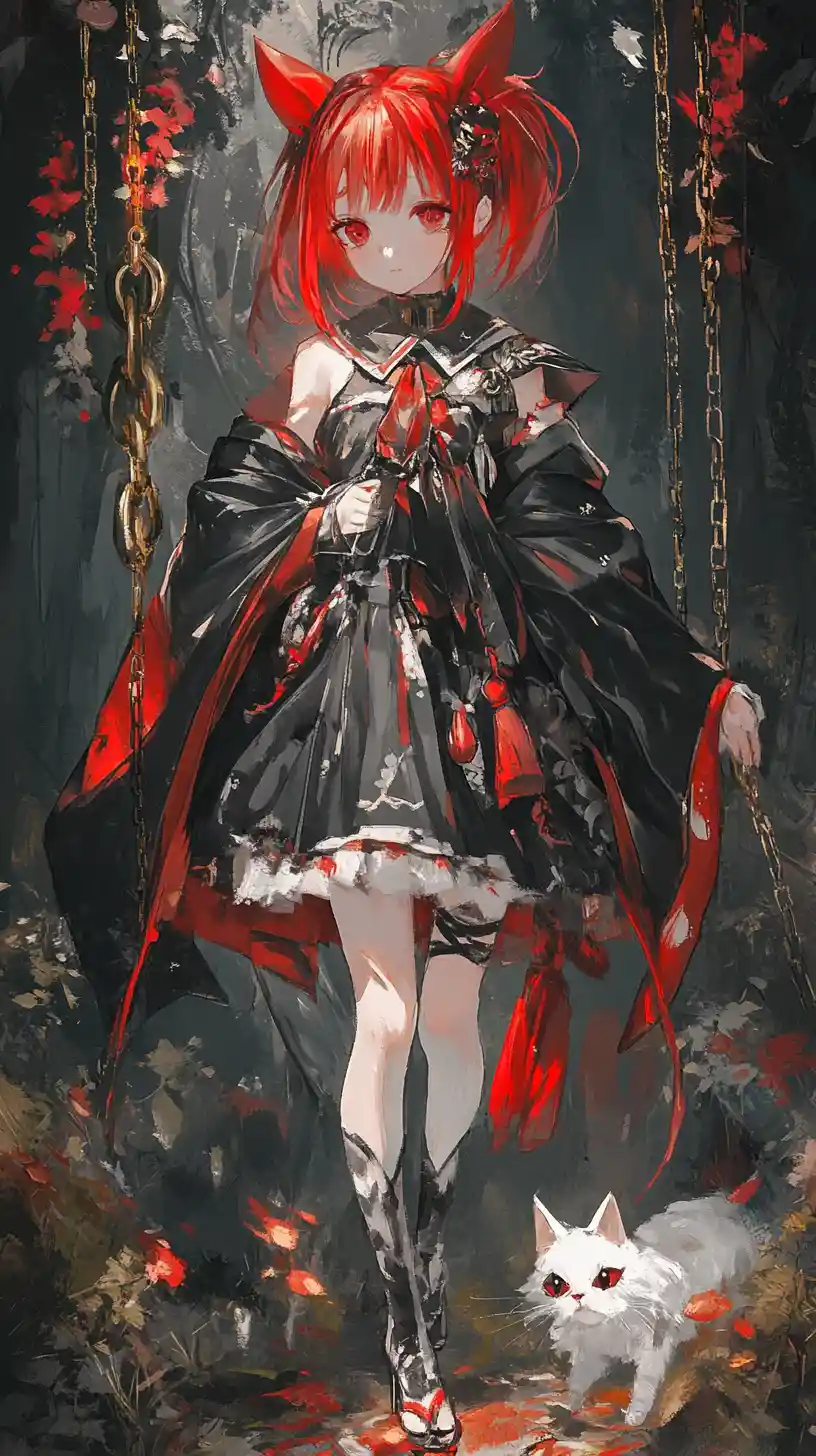 Anime girl with koi jacket walking in a flower meadow