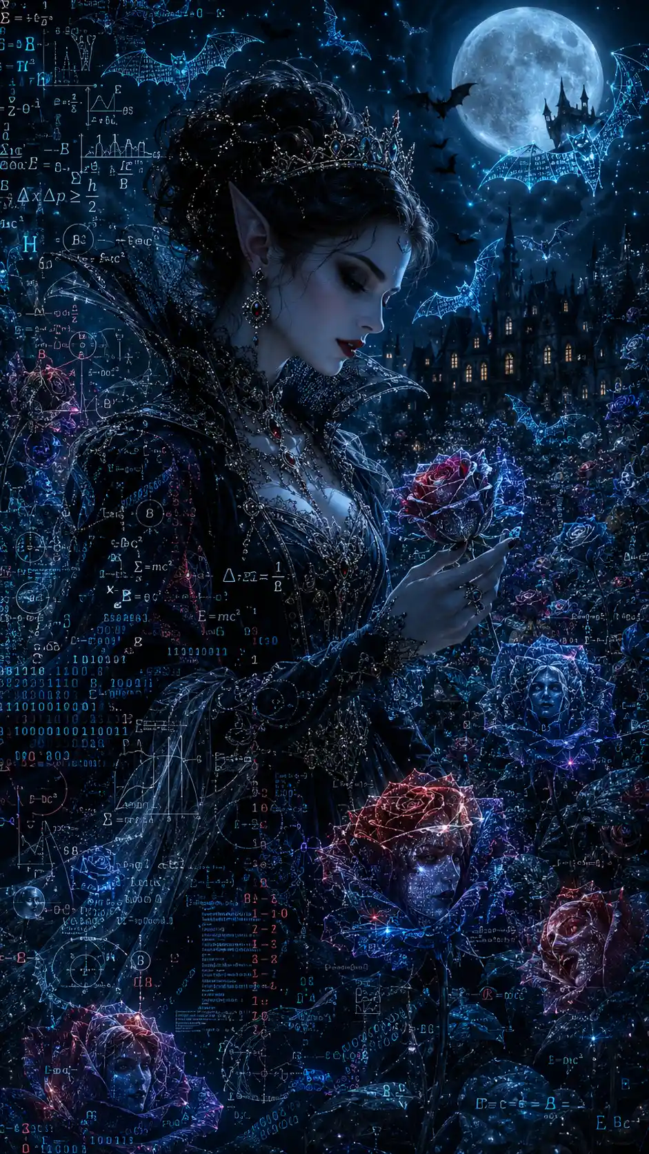 Reina vampira en un jardín iluminado por la luna de flores imposibles