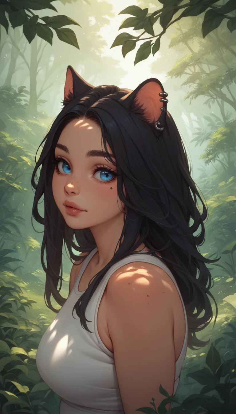 Primer plano de chica gato de anime con atuendo deportivo en el bosque