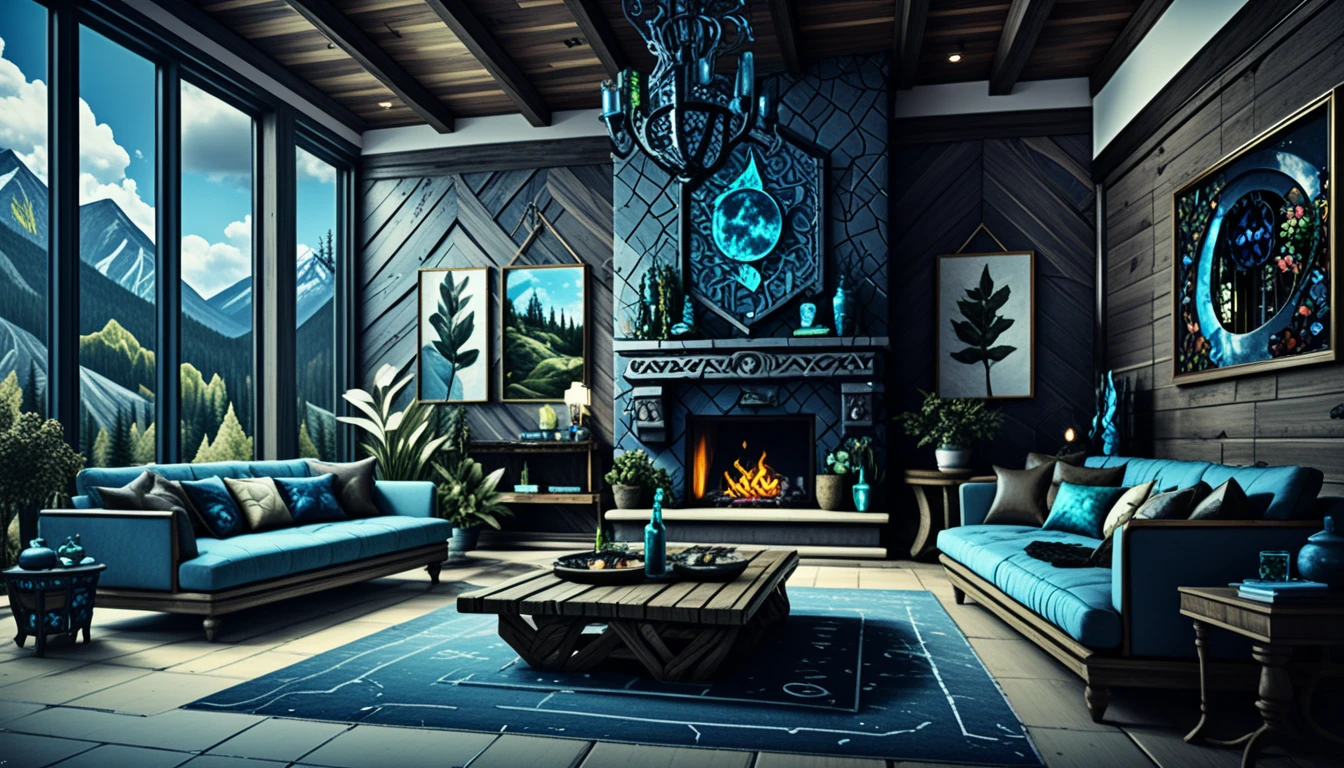 Luxurious study lined with dramatic forest fire paintings