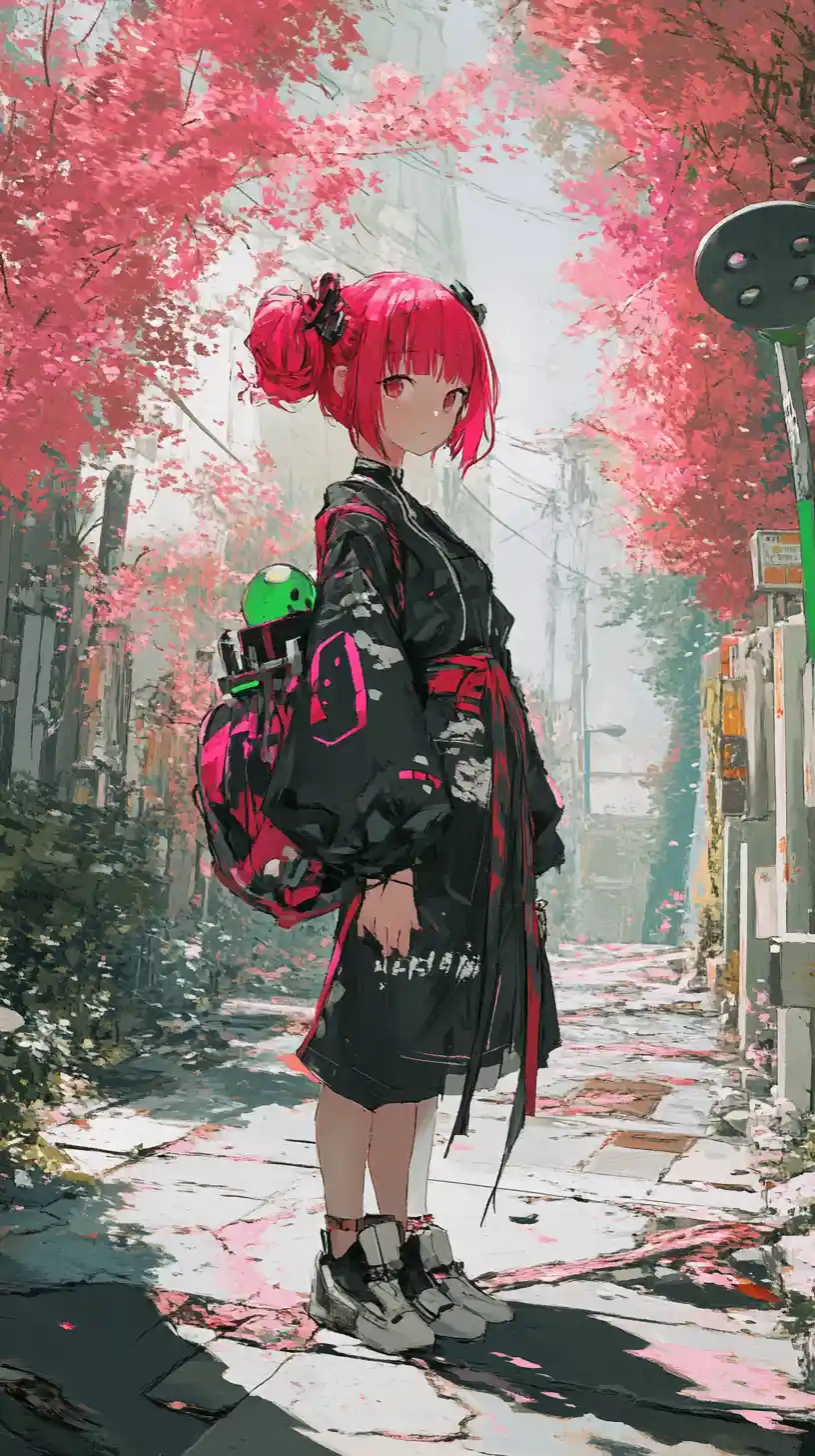 Anime girl with red hair and koi print streetwear outfit