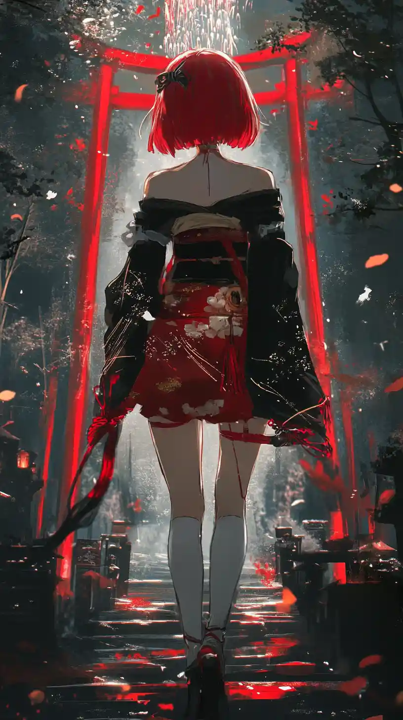 Anime girl in ornate outfit at night temple festival