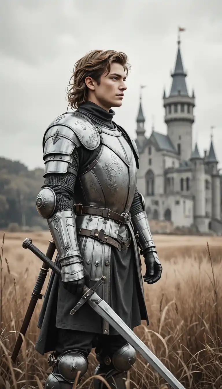Young armored knight standing in dry field before castle