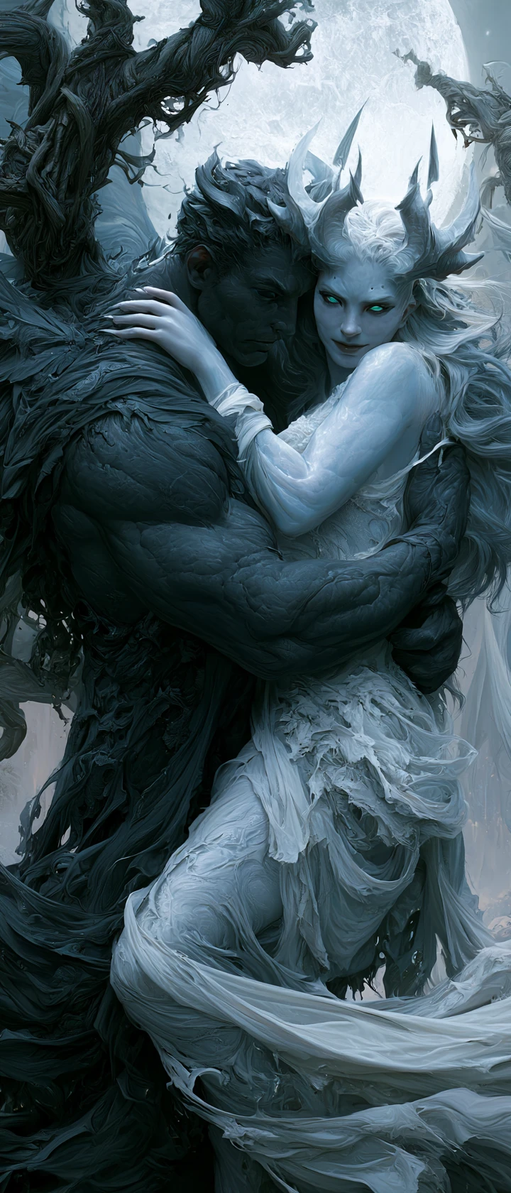 Demonic woman embracing angel in a moonlit garden
