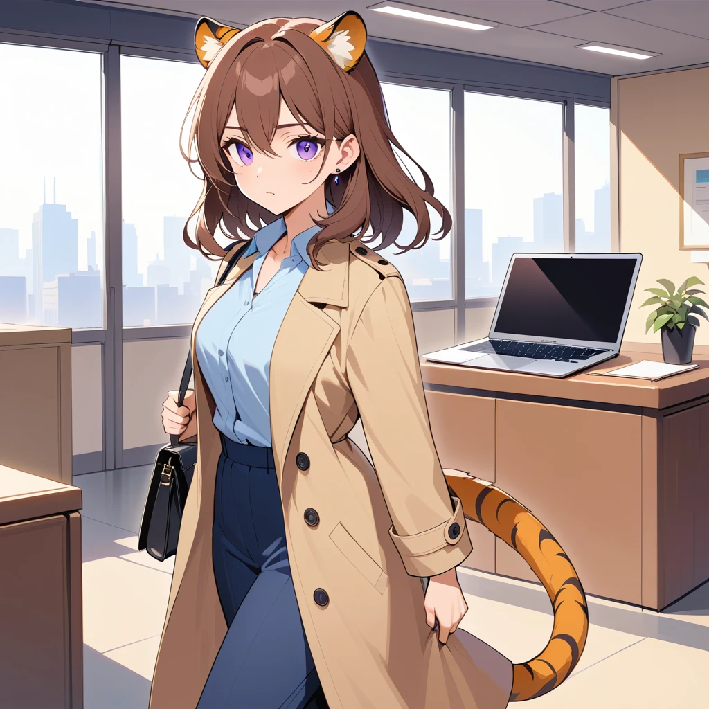 Elegante mujer con orejas de tigre caminando por una oficina moderna