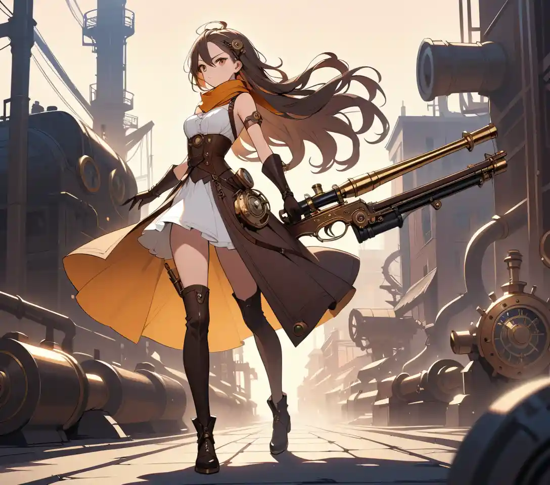 Mujer steampunk apuntando con un rifle sobre los tejados de una ciudad industrial