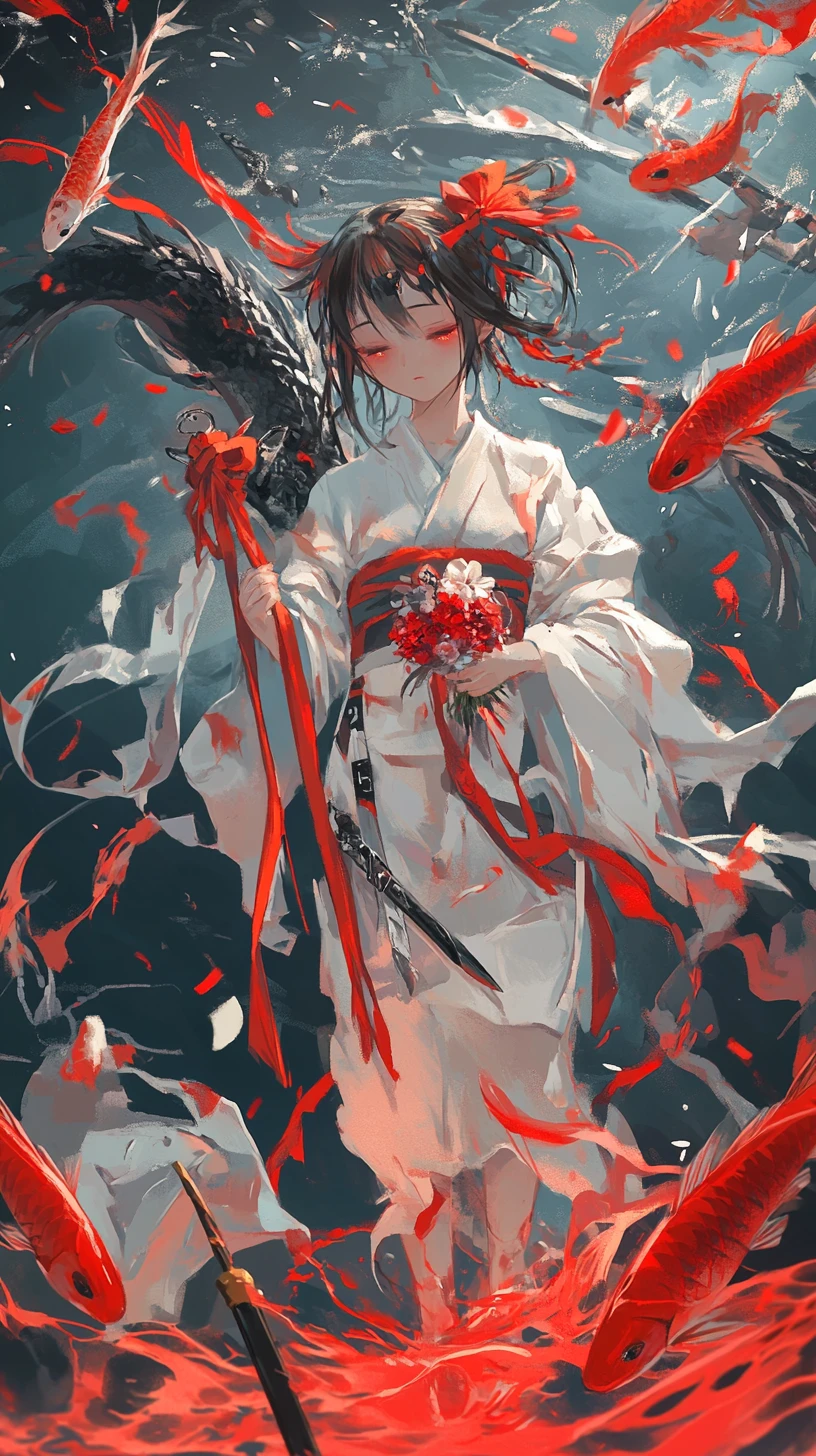 Anime girl with koi jacket holding a golden halberd