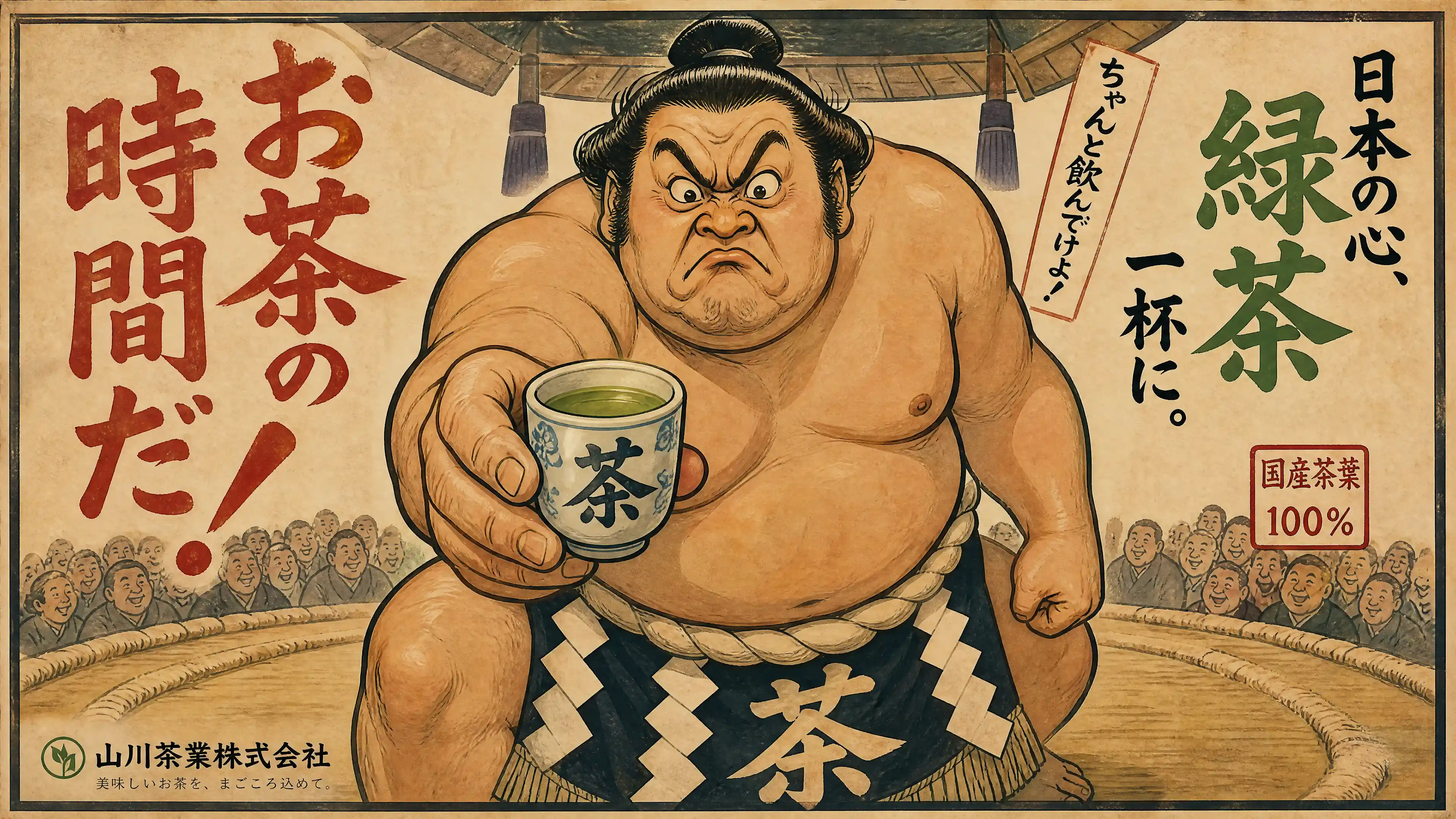 ヴィンテージポスターの巨大神相撲力士が小さな緑茶を差し出す